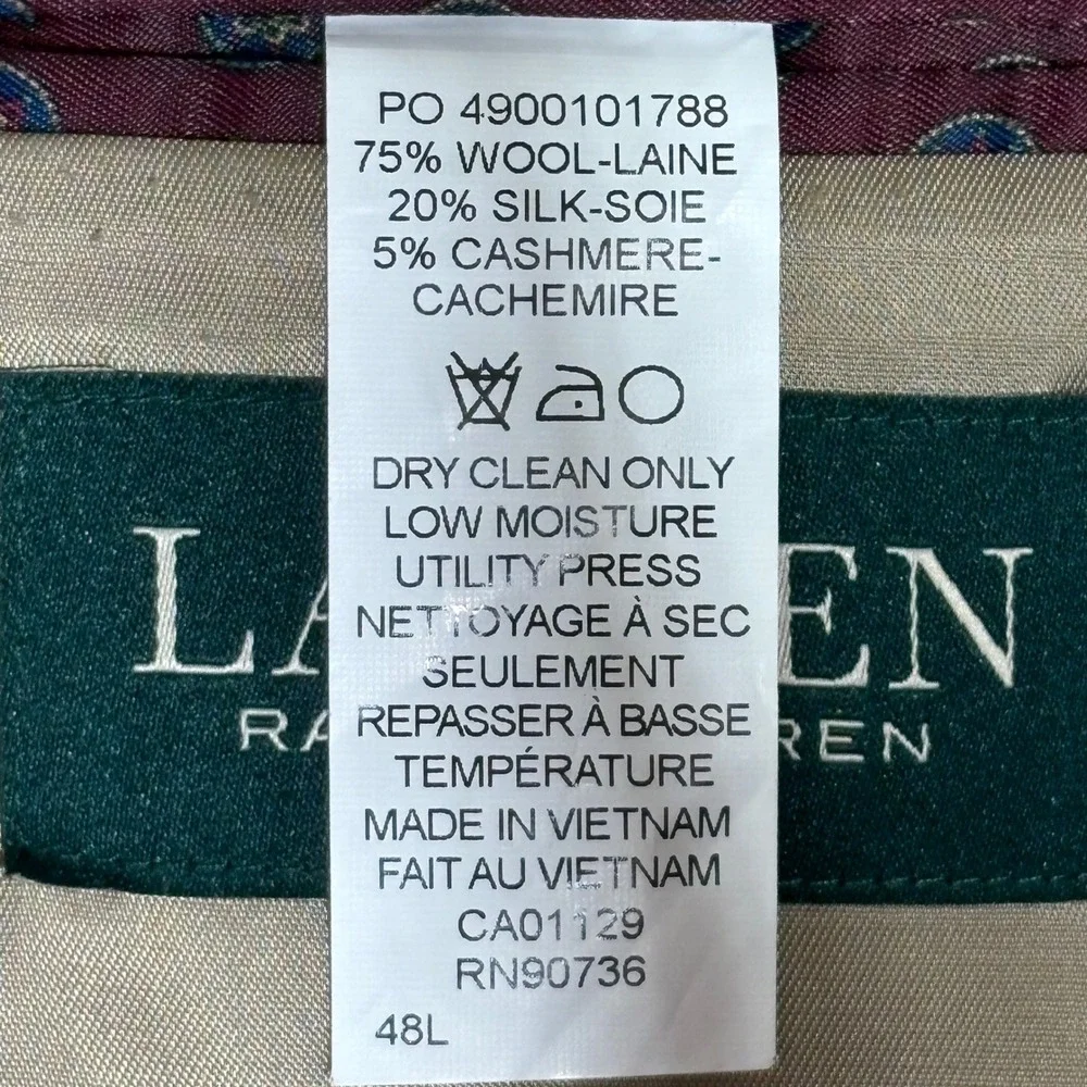 Lauren Ralph Lauren Blazer Mens 48L Tan Wool Silk Cashmere Sport Coat Luxury